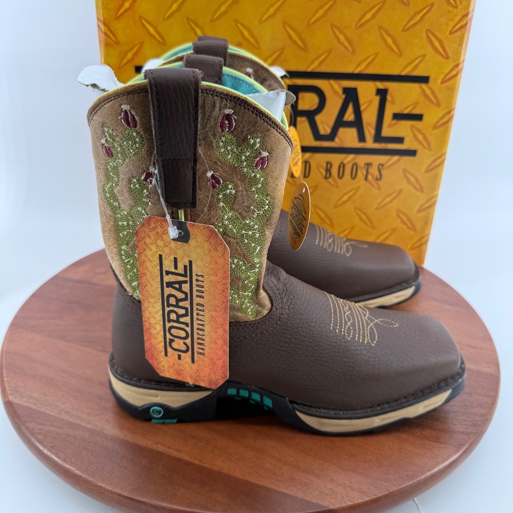 Corral W5005 Women Chocolate Tan Cactus‎ Farm Ranch Leather Western Boots 6.5 M